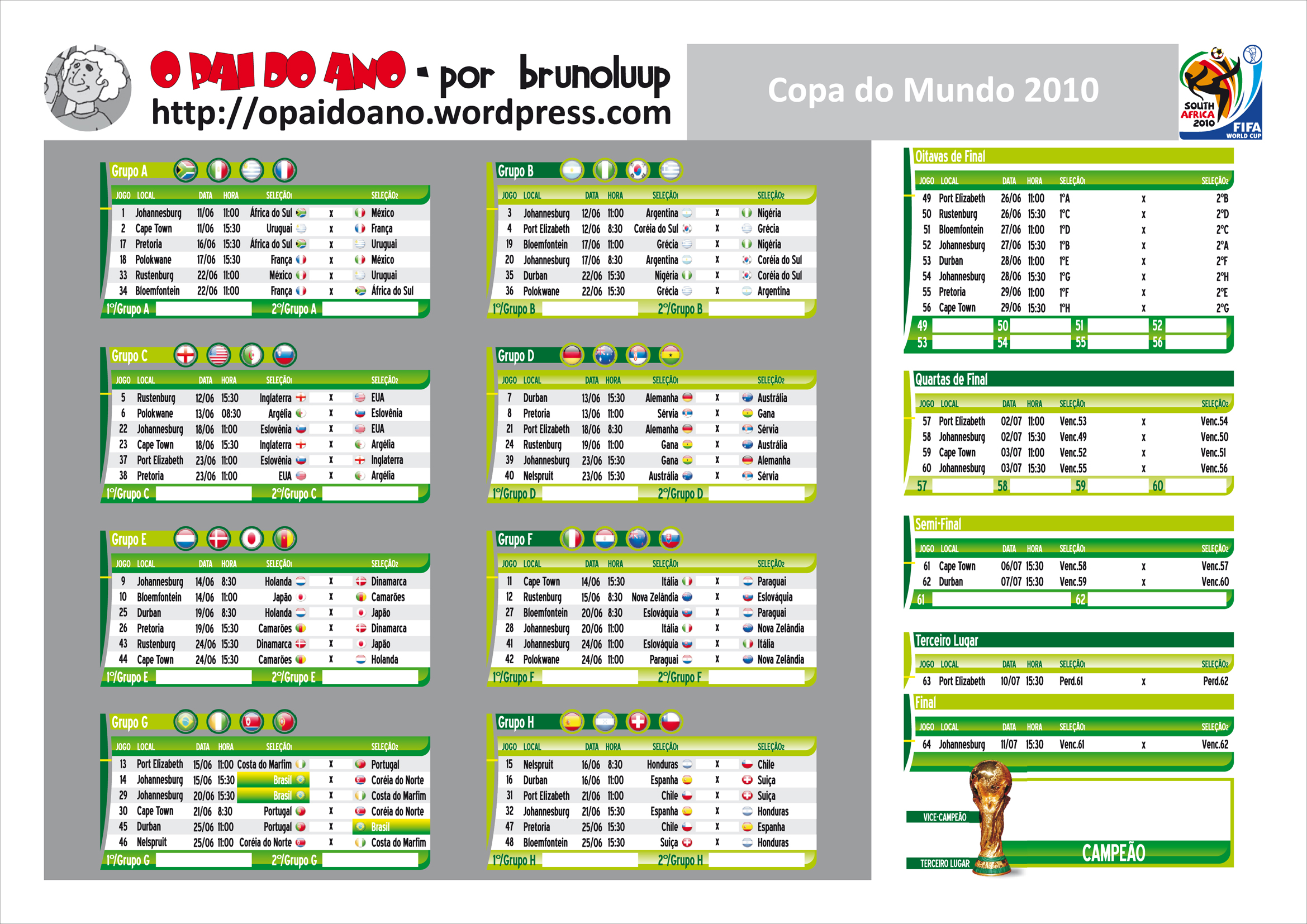 Copa do Mundo 2010 - Datas, calendário e horário dos jogos